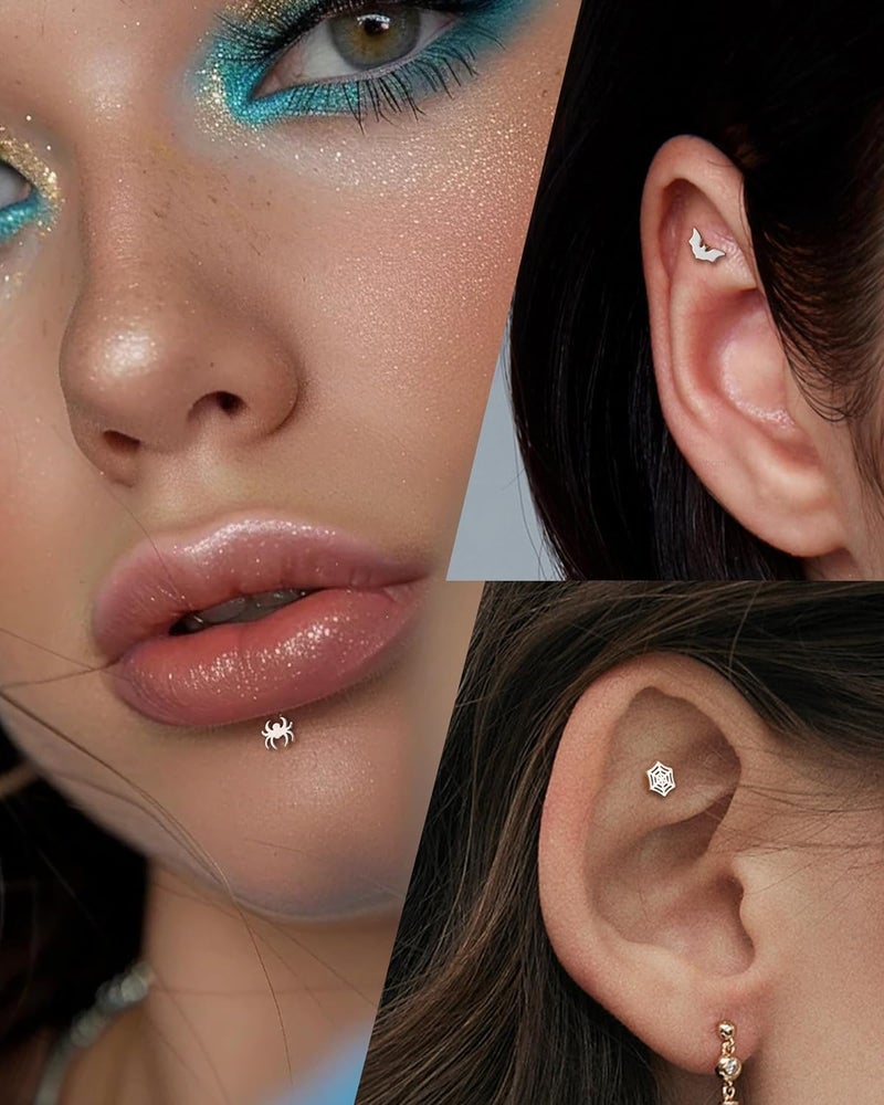 COCHARM 3Pcs Bat Spider Cartilage Earring 16g Flat Back Cartilage Piercing Jewelry Halloween Helix Jewelry 8mm Silver Web Conch Stud Funny Labret Stud for Women Men - Image 2